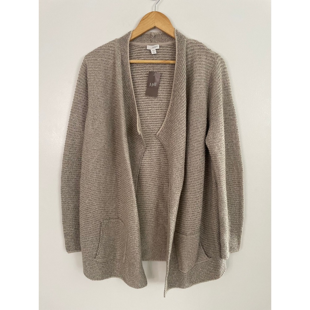 J. Jill Pure Cardigan Womens Large Petite Tan Open Front Pockets Minimalist Work - Picture 2 of 8